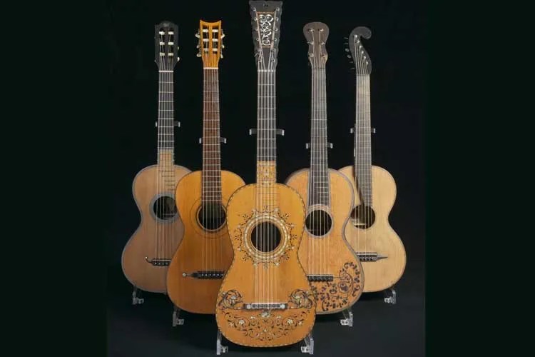 Baroque to Romantic era guitars (left to right): ca. 1830 Lacôte , ca. 1830 Panormo, 1813 Pagés , 1882 Fabricatore, Staufer (date unknown) -- St. Cecilia's Hall Collection, University of Edinburgh