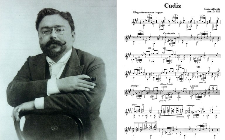 isaac Albeniz and guitar sheet music for "Cadiz"