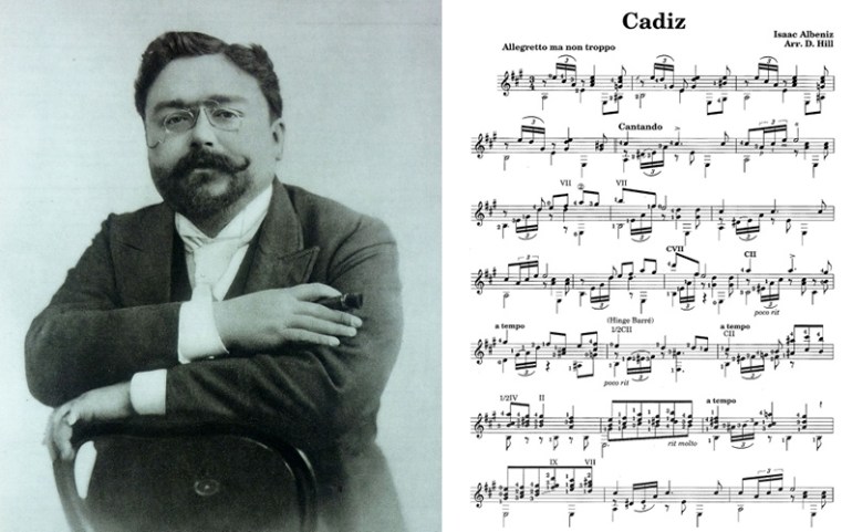isaac Albeniz and guitar sheet music for "Cadiz"