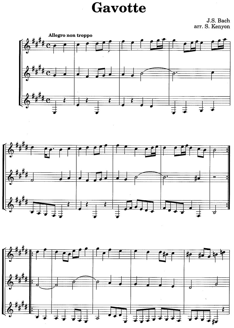 Classical Guitar music notation J.S. Bach Gavotte for trio guitar page 1