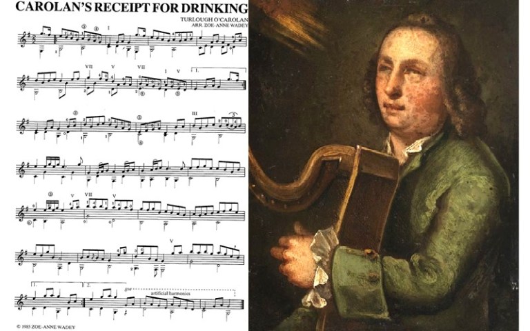 carolans receipt for drinking classical guitar music notation and painting of turlough o'carolan