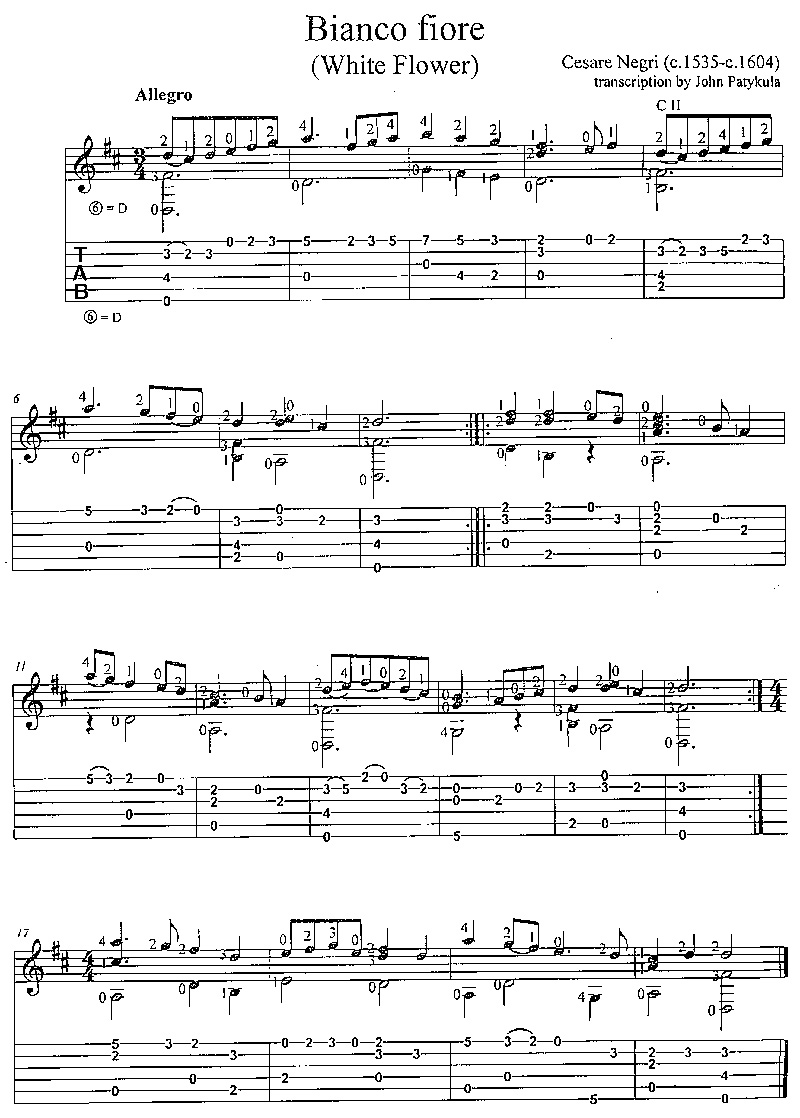 Bianco Fiore from six lute pieces for classical guitar, transcribed by John Patykula