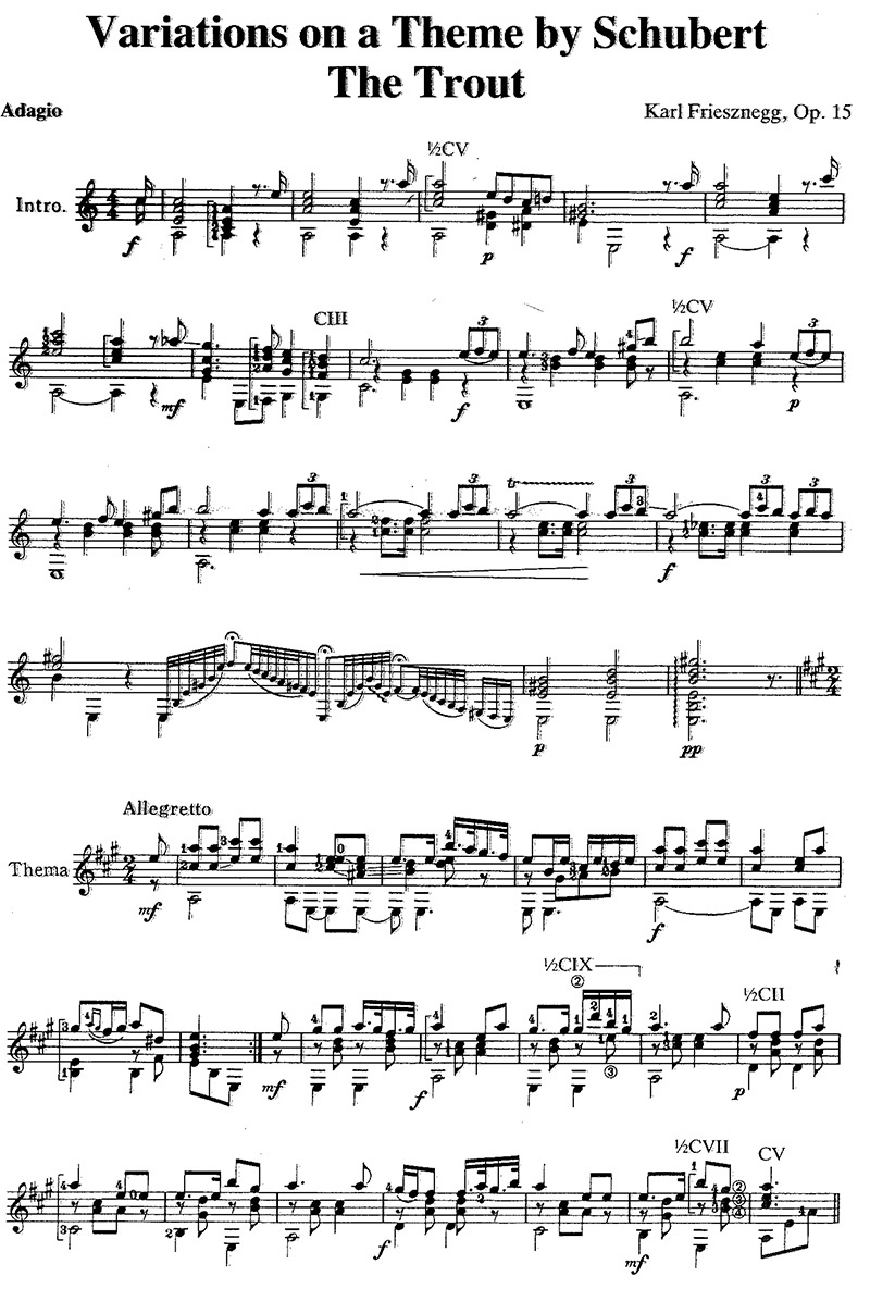 Karl Friesznegg’s Variations on a Theme by Schubert, ‘The Trout’ classical guitar sheet music page 1