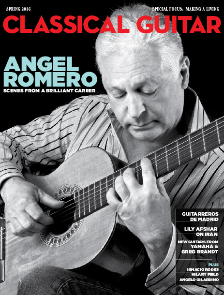 CG SPRING2016 COVER - Black and white photo of Angel Romero playing his guitar with subhead Scenes from a Brilliant Career
