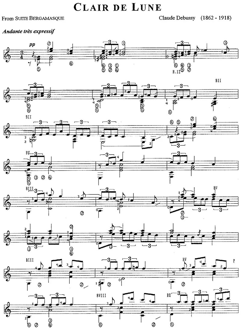 Debussy Clair de Lune classical guitar music notation page 1