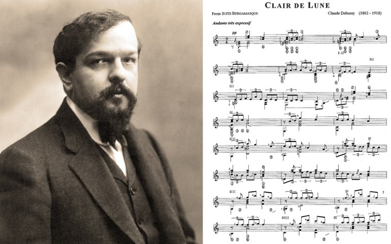 Composer Debussy alongside sheet music for Clair de Lune on classical guitar