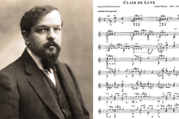 Composer Debussy alongside sheet music for Clair de Lune on classical guitar