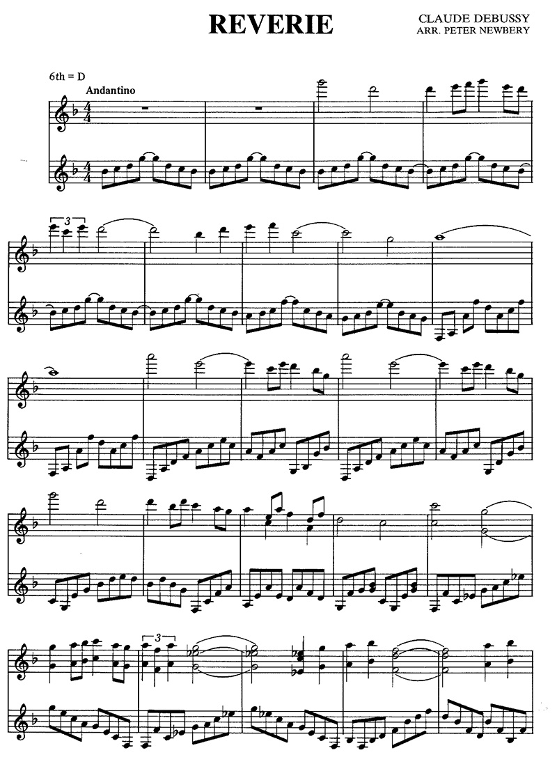 Claude Debussy "Reverie" Classical Guitar Music page 1/4
