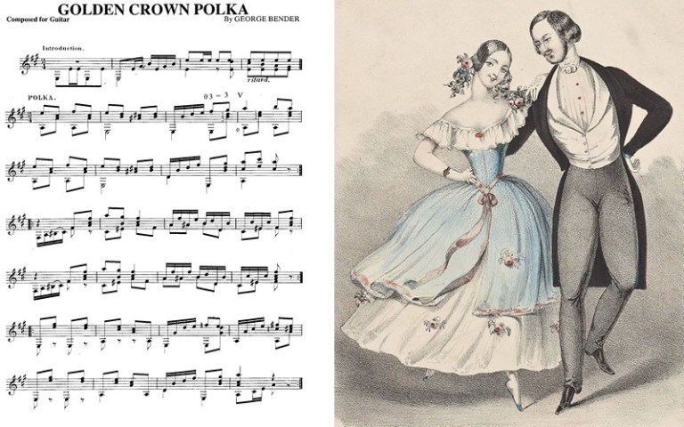 classical guitar notation for golden crown polka with dancers