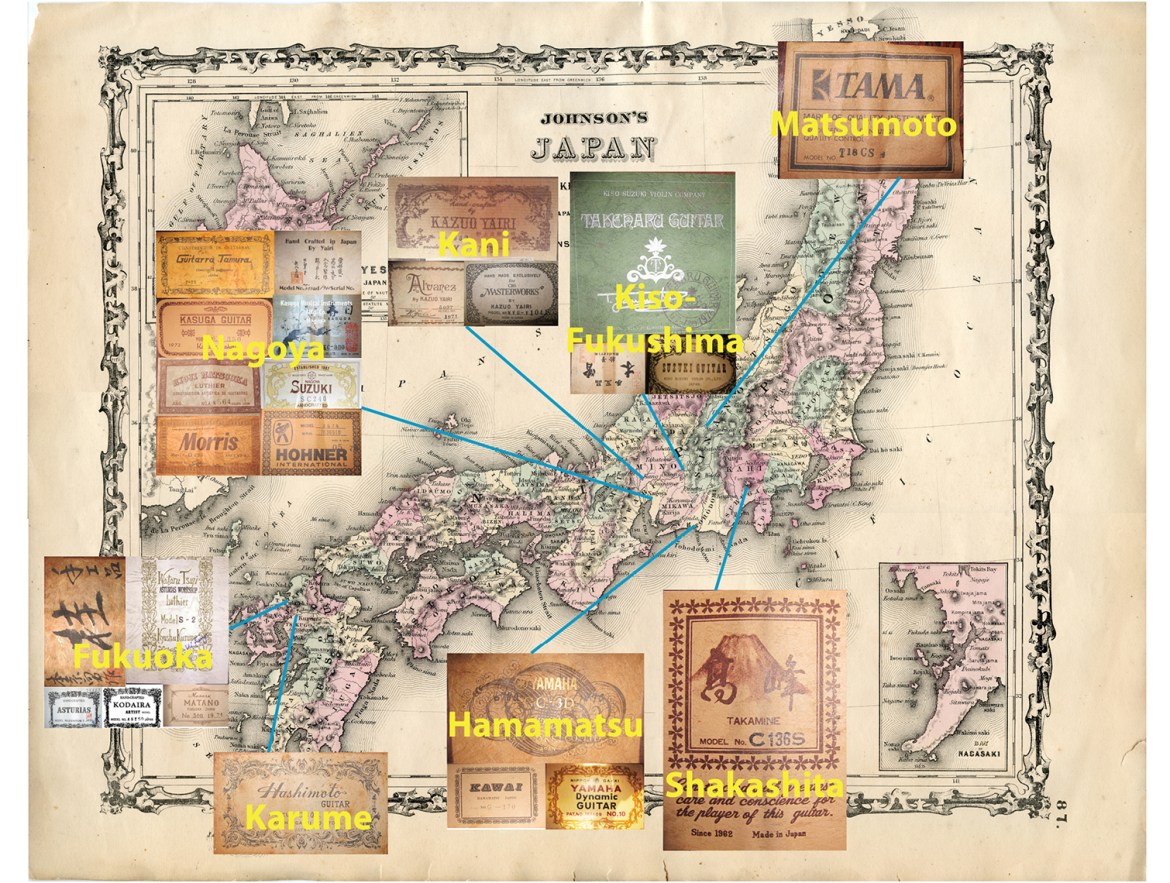 Early Johnson map of Japan (1862) overlaid with principal classical guitar making locations.