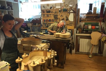 Maria Conde and assistant in the Felipe Conde Workshop Classical Guitar Magazine Spanish Guitar Nylon Luthier