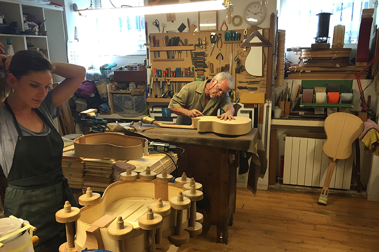Maria Conde and assistant in the Felipe Conde Workshop Classical Guitar Magazine Spanish Guitar Nylon Luthier