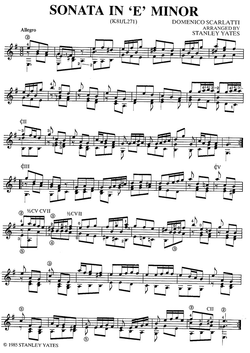 Scarlatti sonata in e minor classical guitar music notation