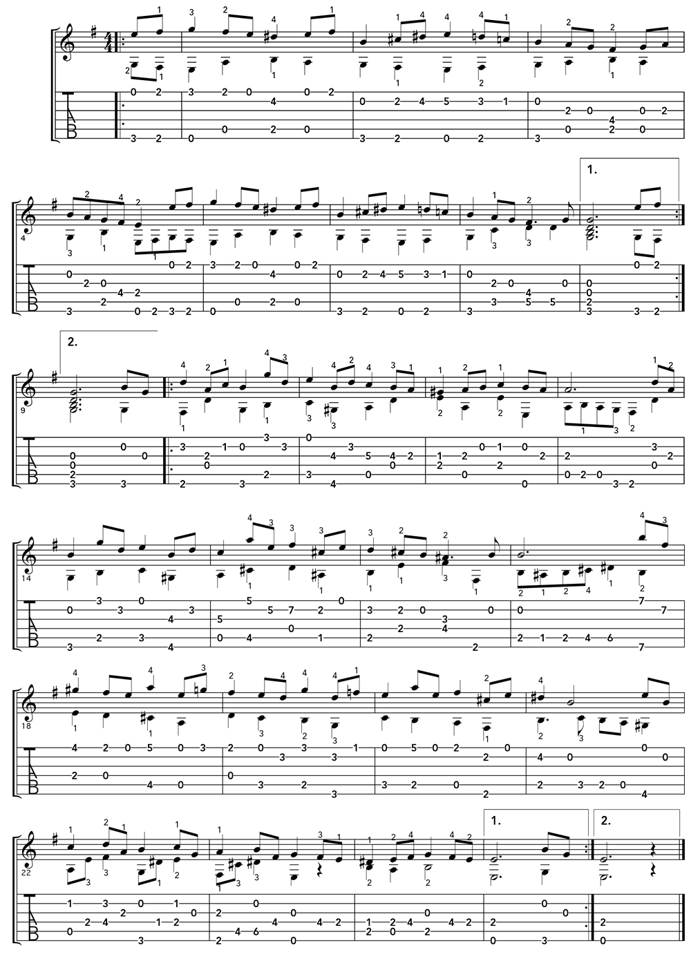 Bach Bourree in e minor for classical guitar music notation